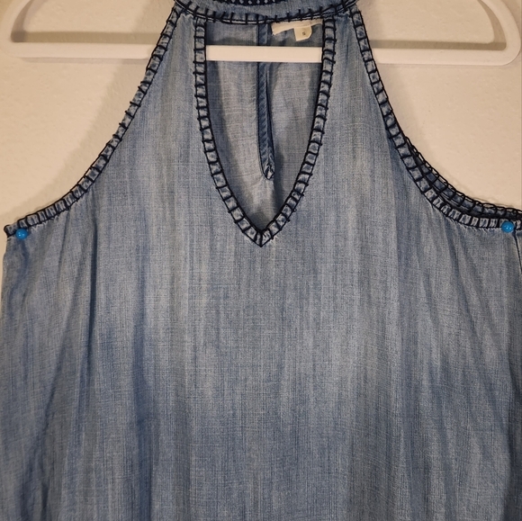 Anthropologie Dress Size S Blue Chambray Halter Embroidered Sleeveless Trapeze - Picture 2 of 9